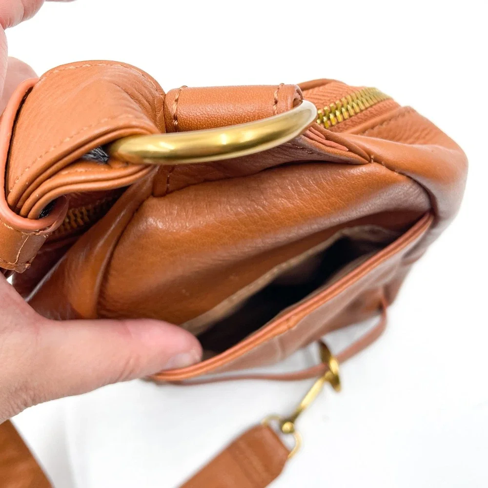 Fern Hobo Sling Bag Pebbled Leather Gold Studded Warm Honey Brown Small‎